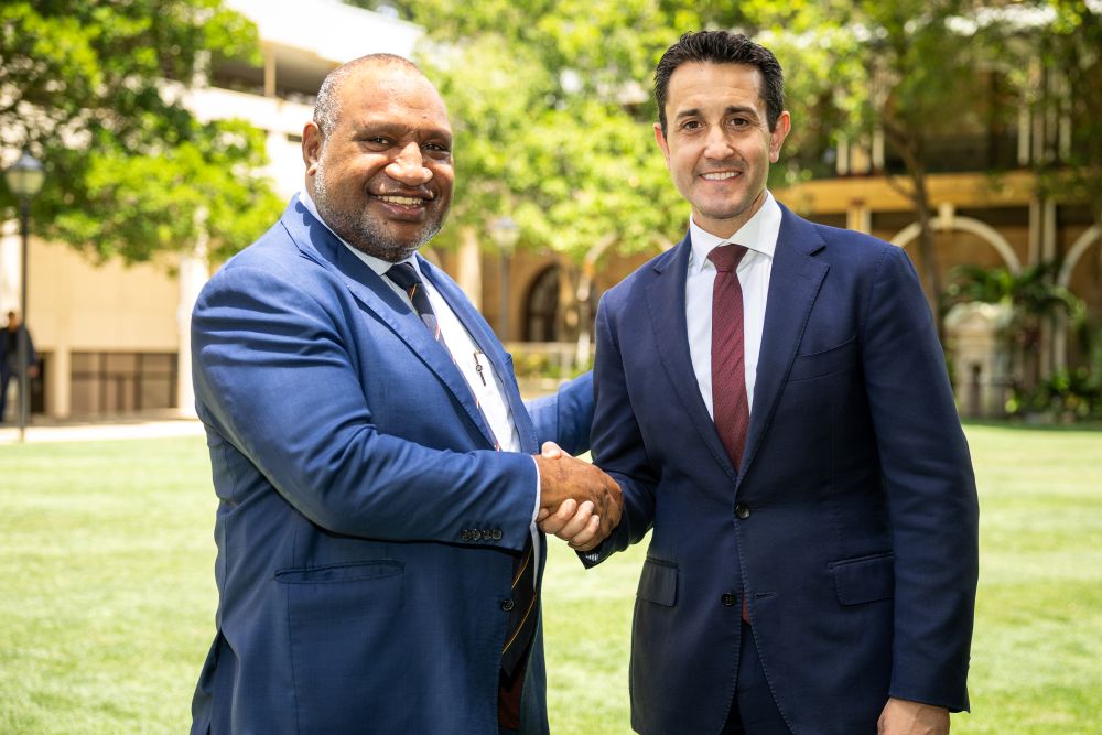 Premier David Crisafulli with Papua New Guinea Prime Minister James Marape after signing the renewed PNG-Queensland Memorandum of Understanding at Queensland Parliament House on 10 December 2025.